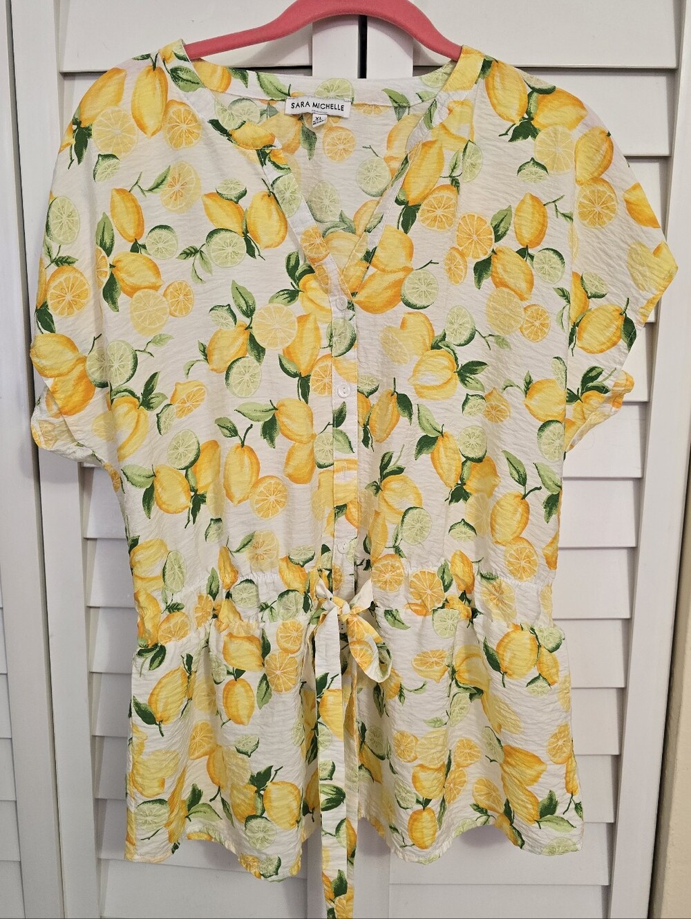 Sara Michelle Women's Lemon Print Tie Waist Blouse Top